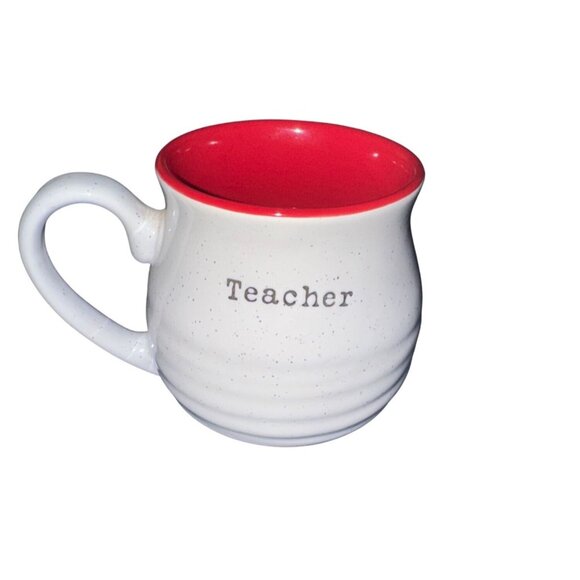 White & Red Ceramic Mug With "Teacher" Print - Picture 1 of 5
